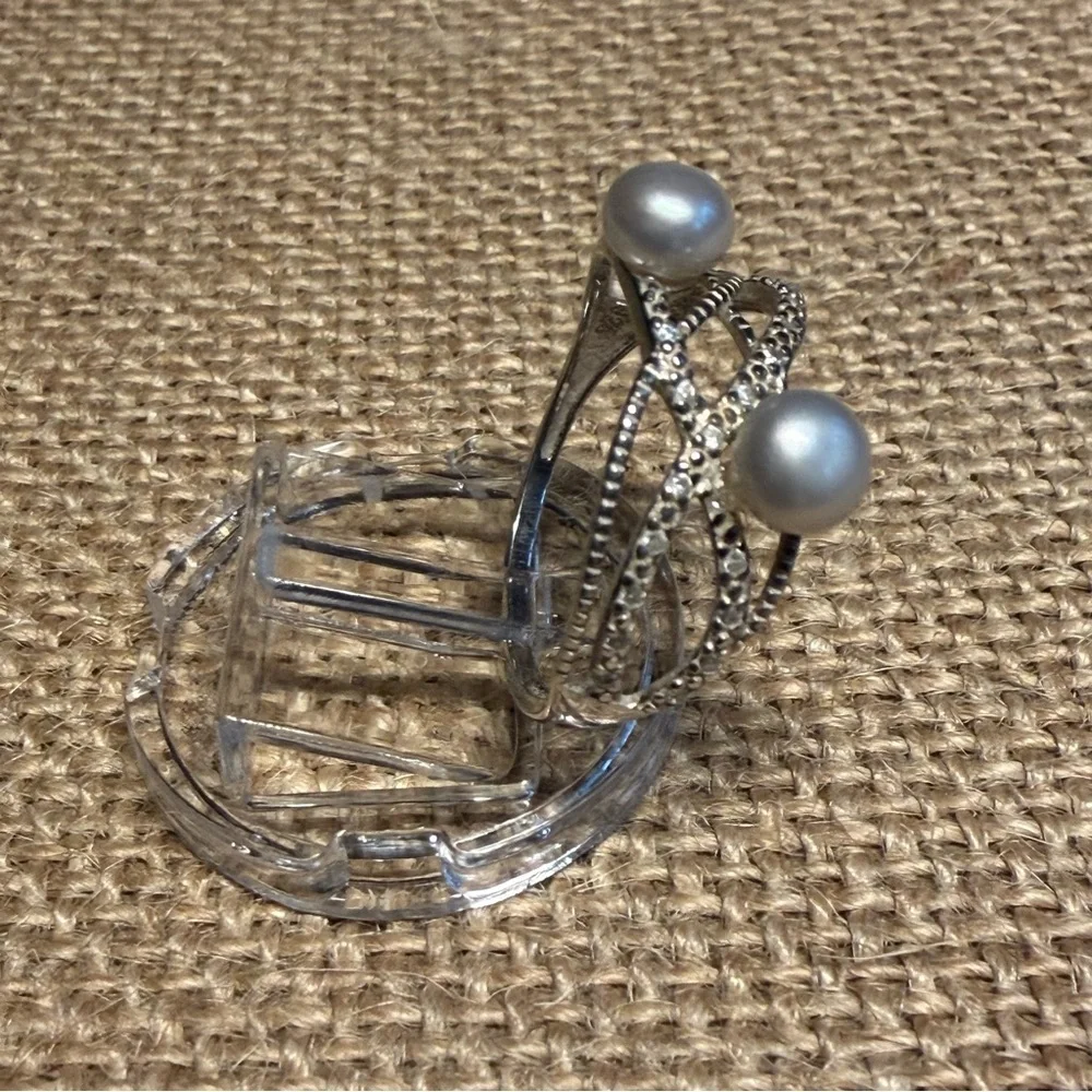 NATALIYA V COLLISTER Sterling silver gray button pearls clear CZ ring, size 9